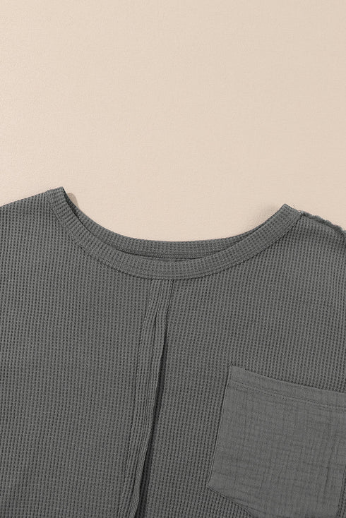 Exposed Seam Patchwork Bubble Sleeve Waffle Knit Top